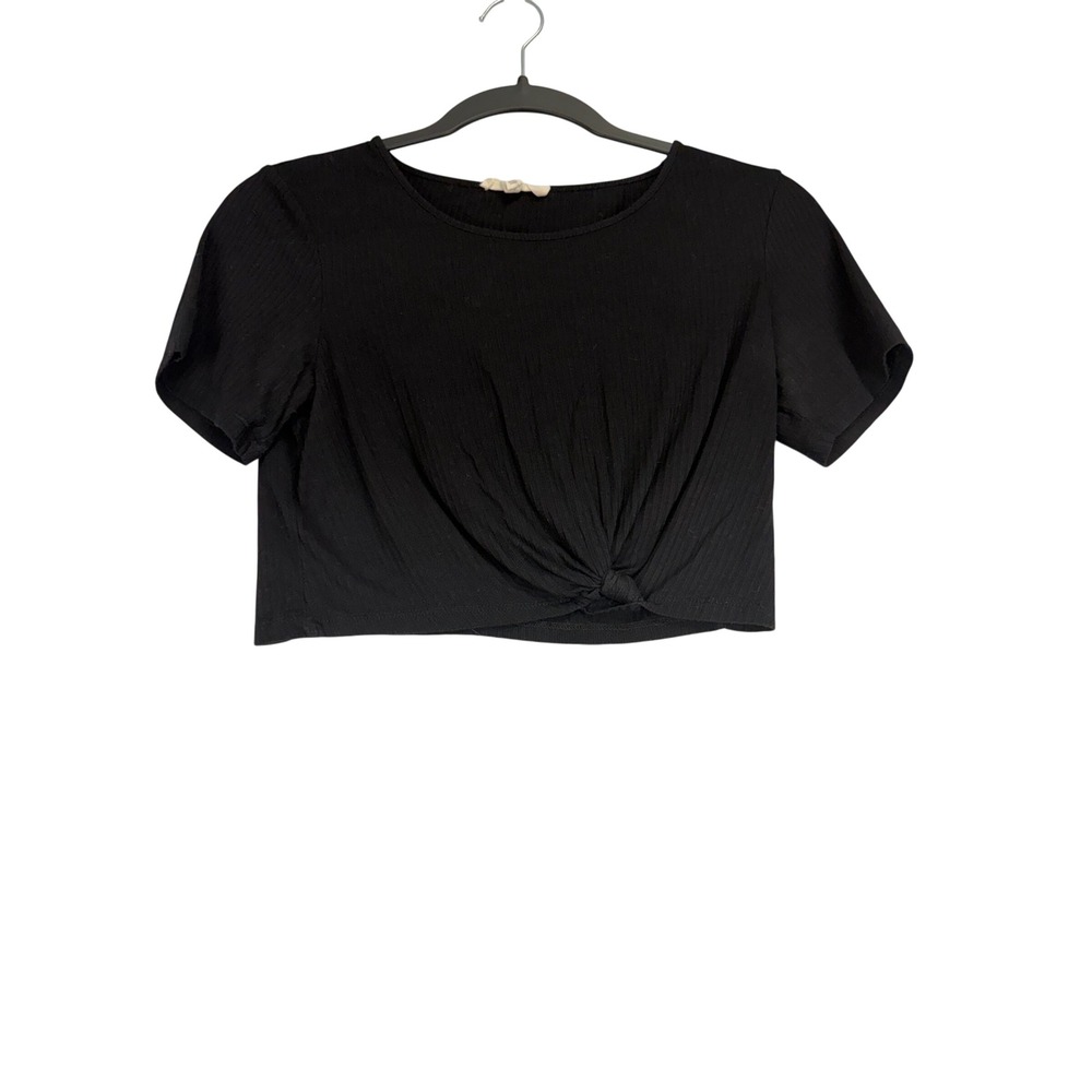 LA Hearts Women's XS Black Ribbed‎ Knot Front Crop Top Short Sleeve TK163575 Y2K